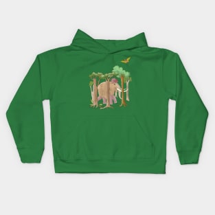 siesh cartoon mammoth in the forest and pterodactyl Kids Hoodie